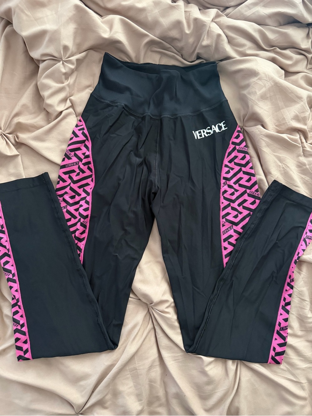 Versace Womens Black Leggings with Pink Logo